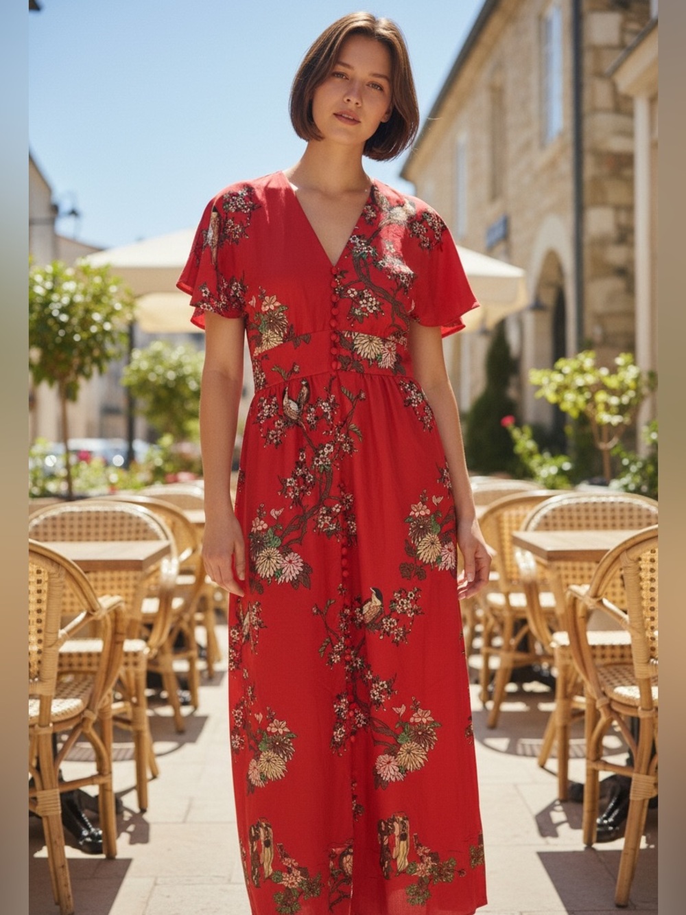 LESLIE FAY Vintage 1970s Japanese Cherry Blossom Button-Front Maxi Dress